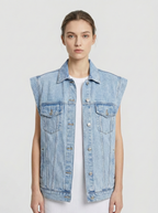 Women’s Casual Oversized Denim Vest with Button-Up Front and Classic Chest Pockets