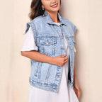 Women’s Casual Oversized Denim Vest with Button-Up Front and Classic Chest Pockets