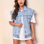 Women’s Casual Oversized Denim Vest with Button-Up Front and Classic Chest Pockets