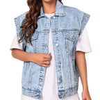 Women’s Casual Oversized Denim Vest with Button-Up Front and Classic Chest Pockets